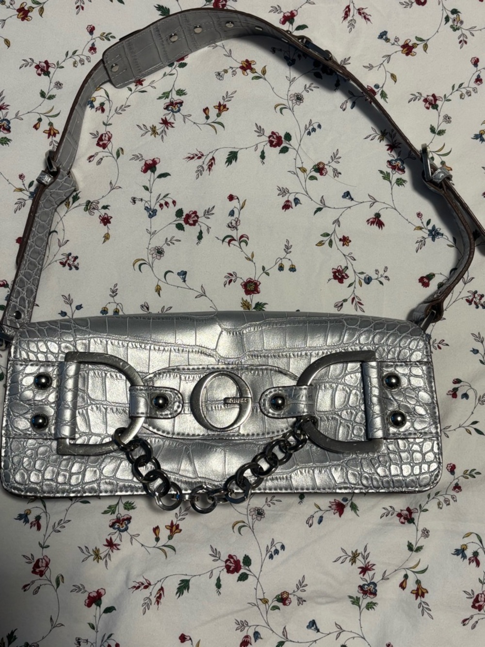 GUESS Silver Croc-Embossed Shoulder Bag with Chain Accent